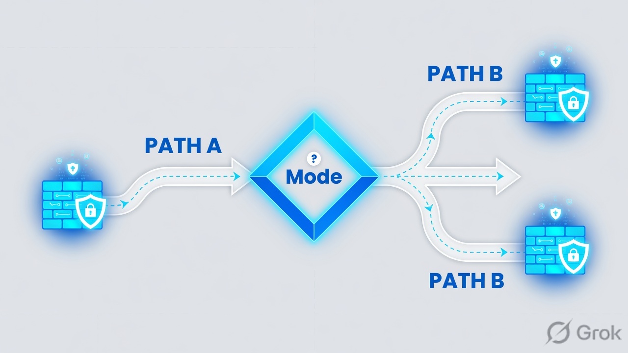 Decision diamond splitting into Path A single active firewall and Path B two active firewalls