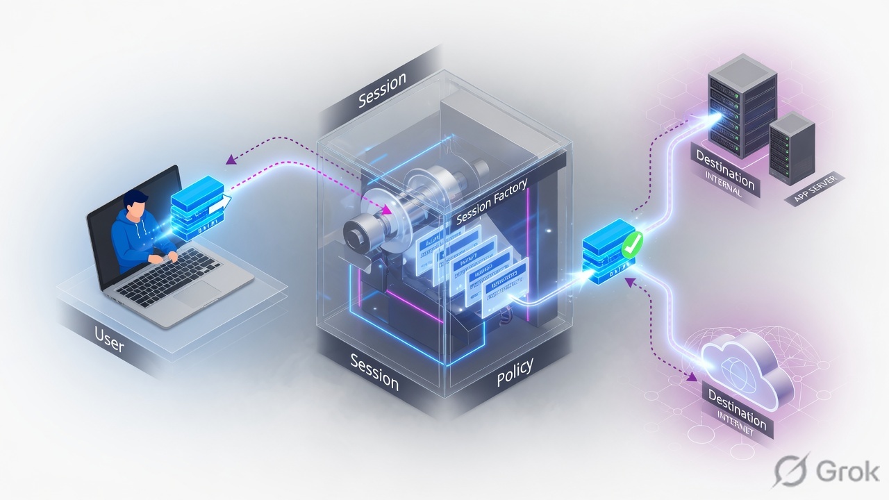User packet entering a Palo Alto session factory, then splitting toward an internal server or the internet after policy