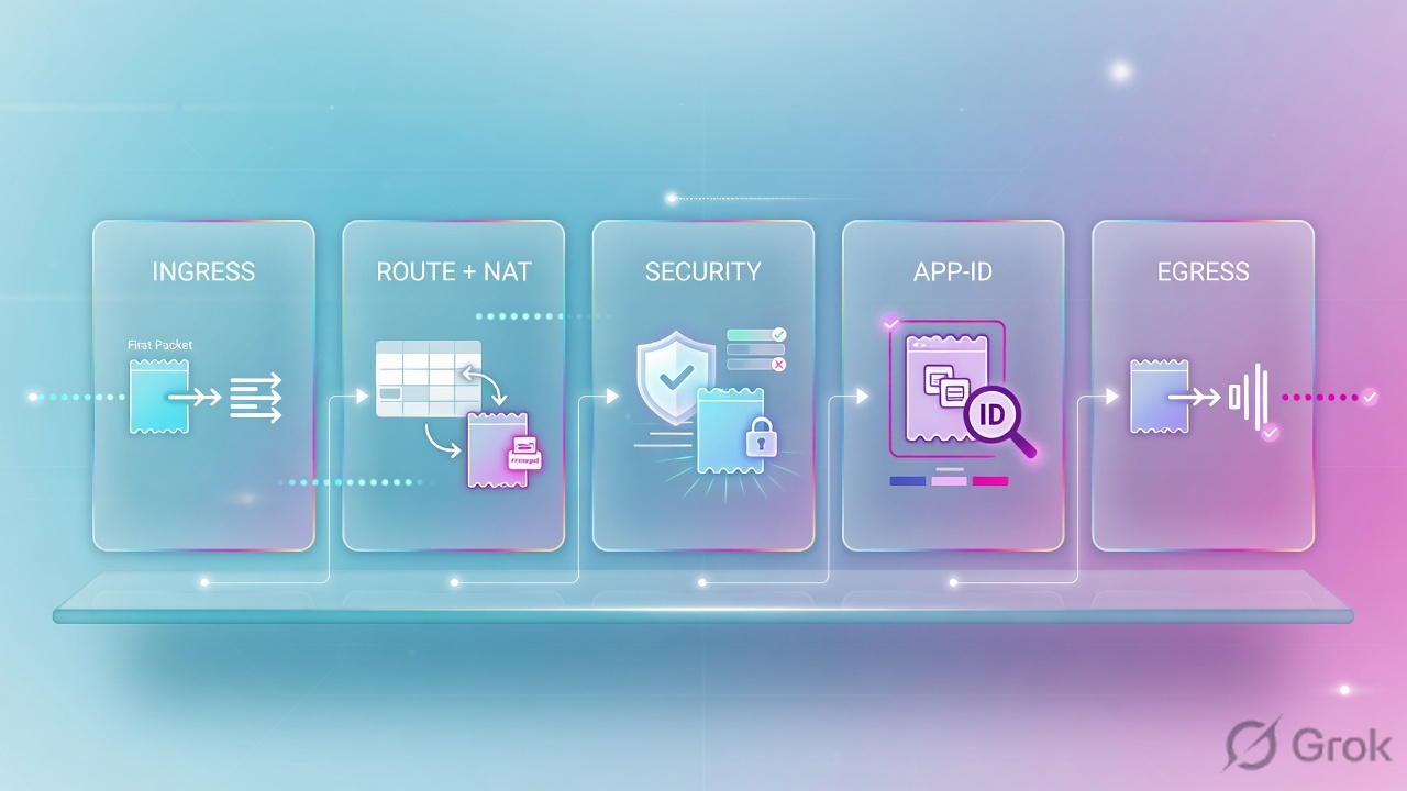 Five stations of a PAN-OS first packet: ingress, route and NAT, security, App-ID, egress