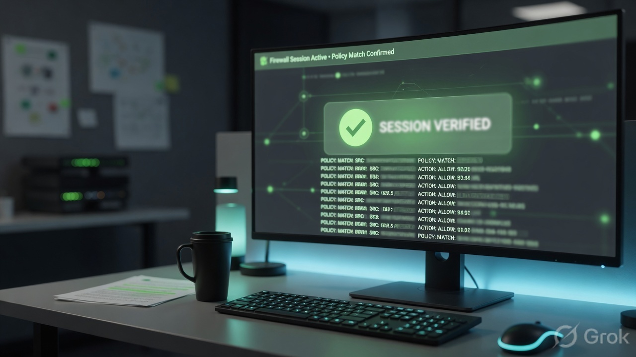 Operations desk verifying a Palo Alto session and policy match from logs
