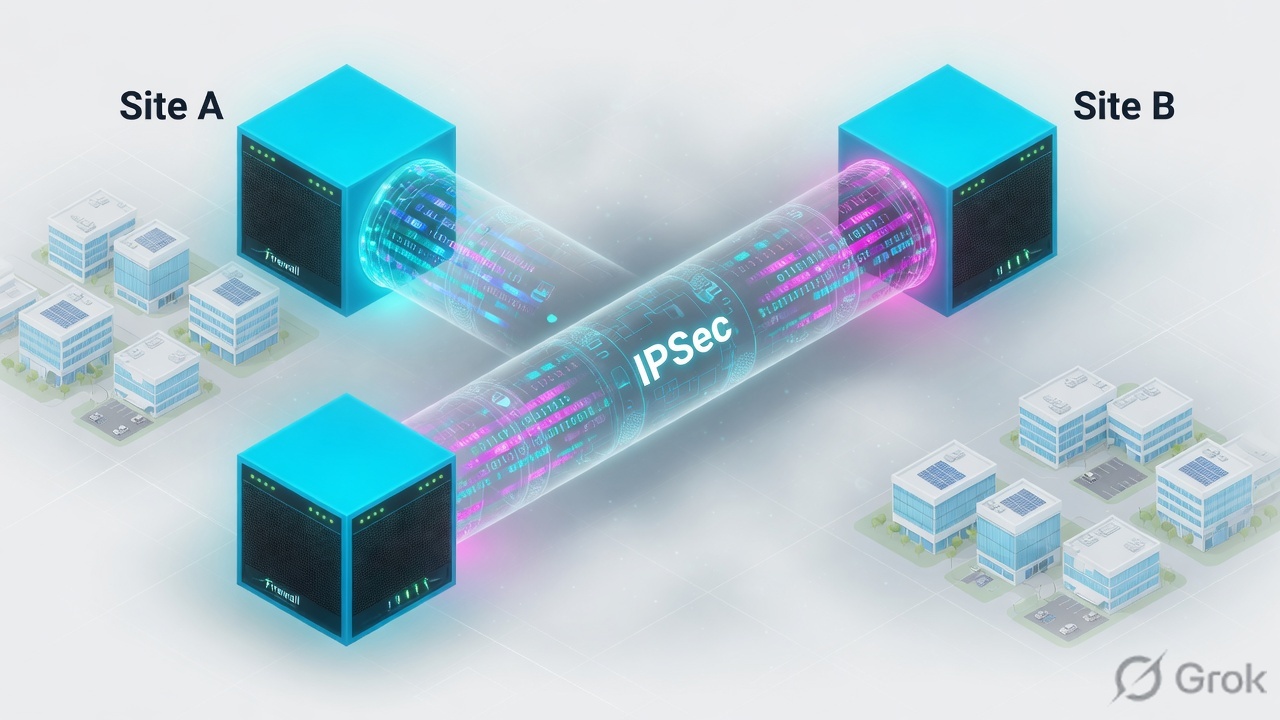 Two sites connected by an encrypted IPSec tunnel between edge firewalls
