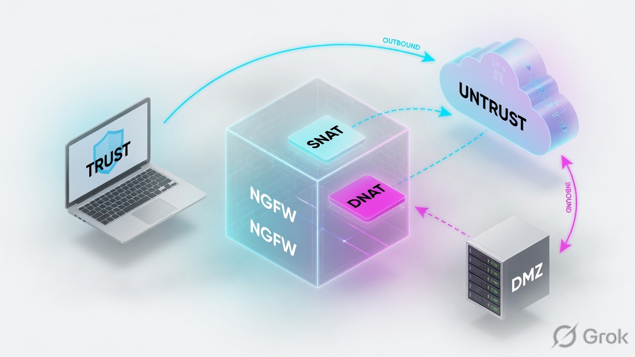 Trust laptop through an NGFW SNAT and DNAT cube to Untrust and a DMZ server