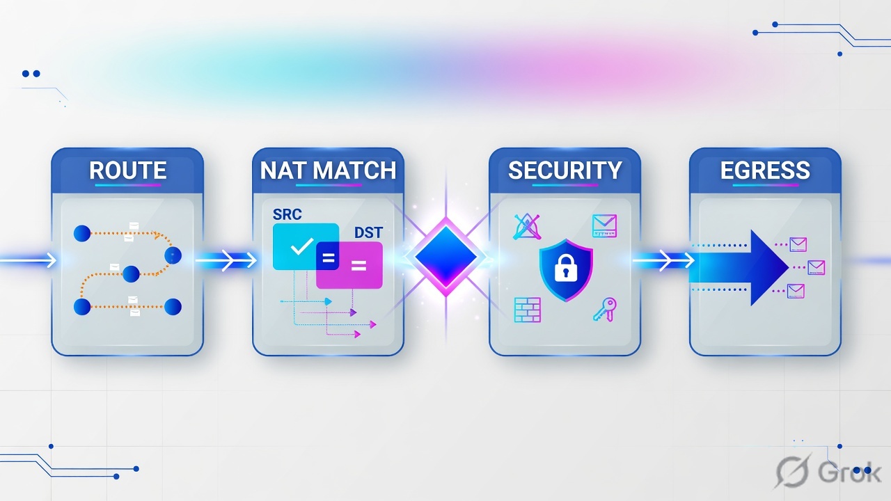Four stations: route lookup, NAT match, security, egress rewrite