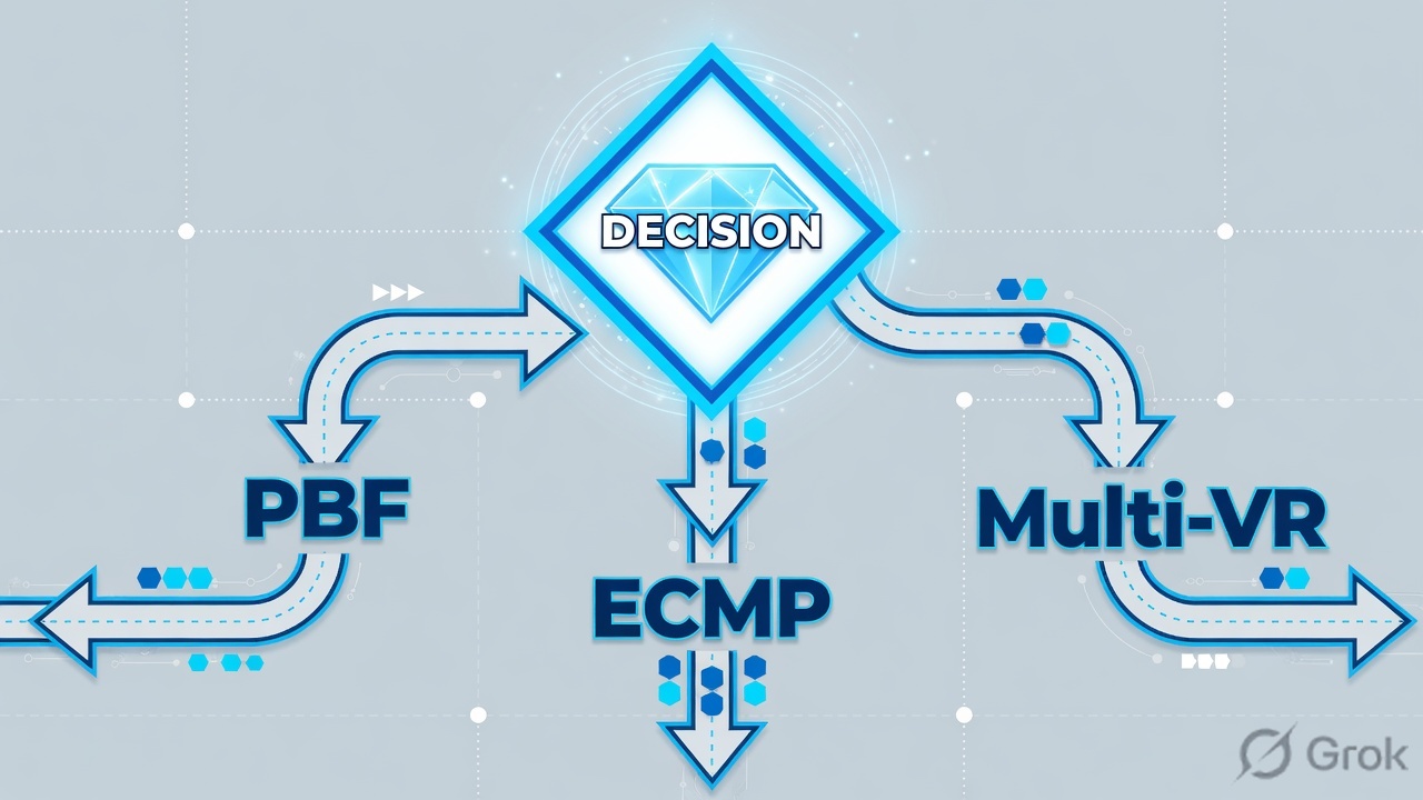 Decision diamond splitting into PBF, ECMP, and Multi-VR paths