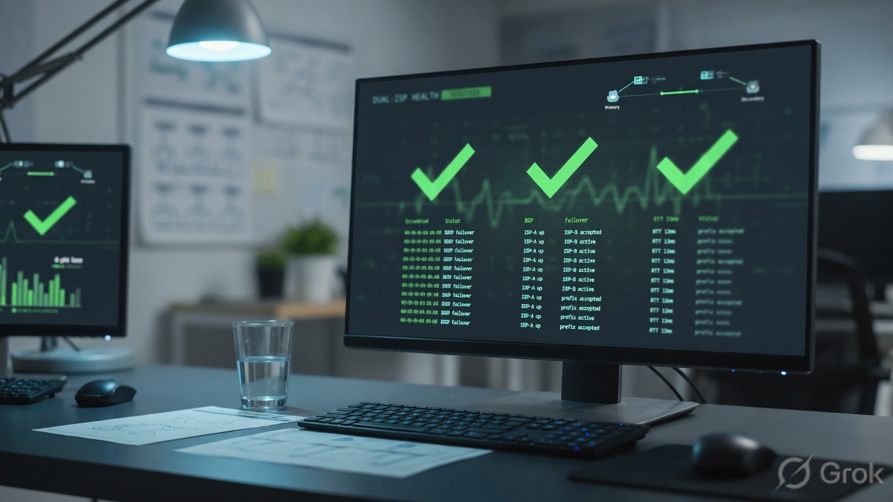 Operations desk monitor with green health checks for dual-ISP failover