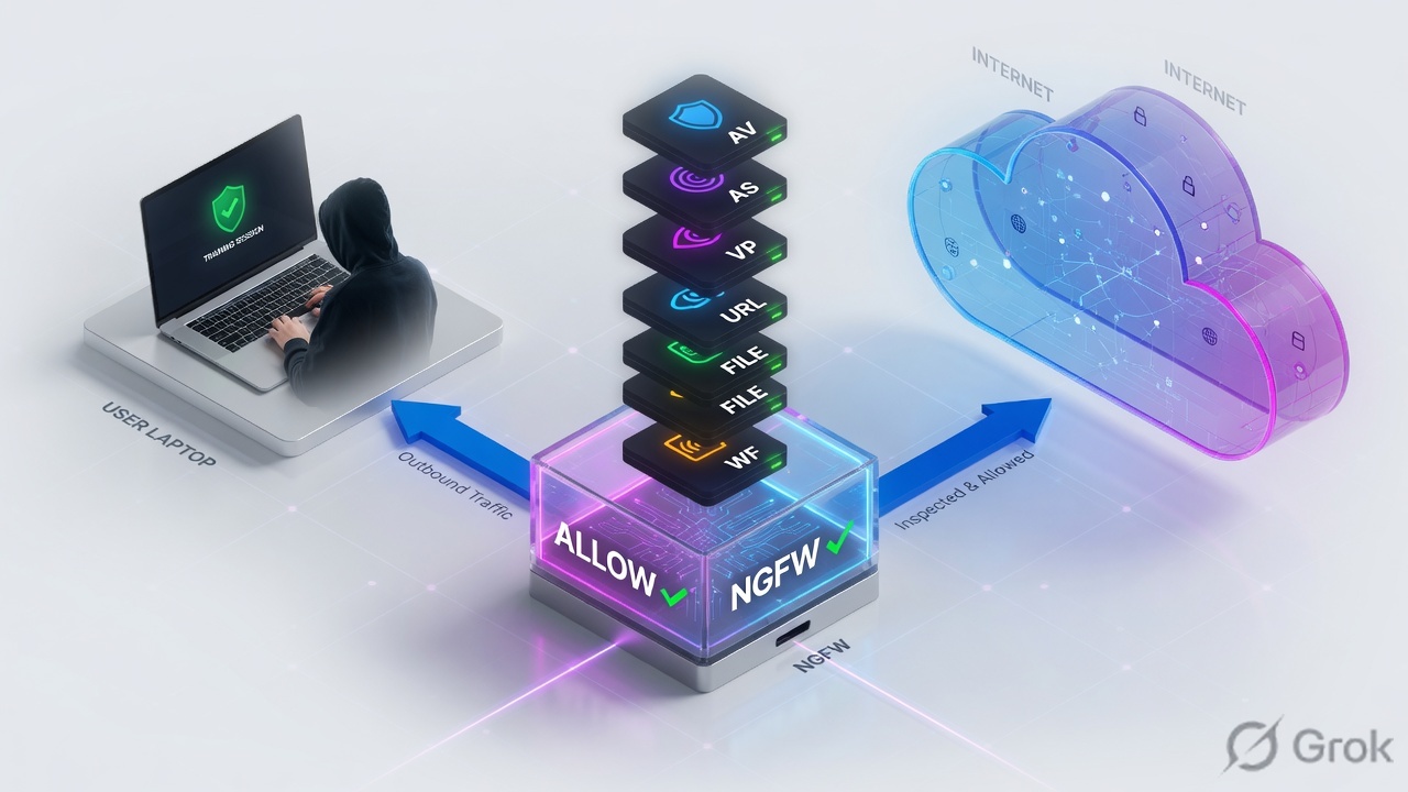 User traffic through an NGFW allow rule with six profile scanners before the internet