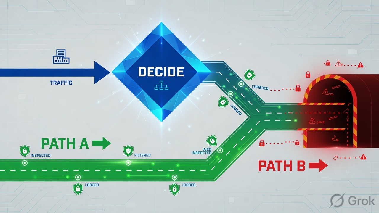 Decision diamond splitting traffic into an inspected path and an open tunnel