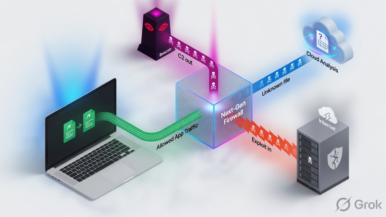 Allowed application traffic split into C2 out, exploit in, and unknown file to cloud analysis