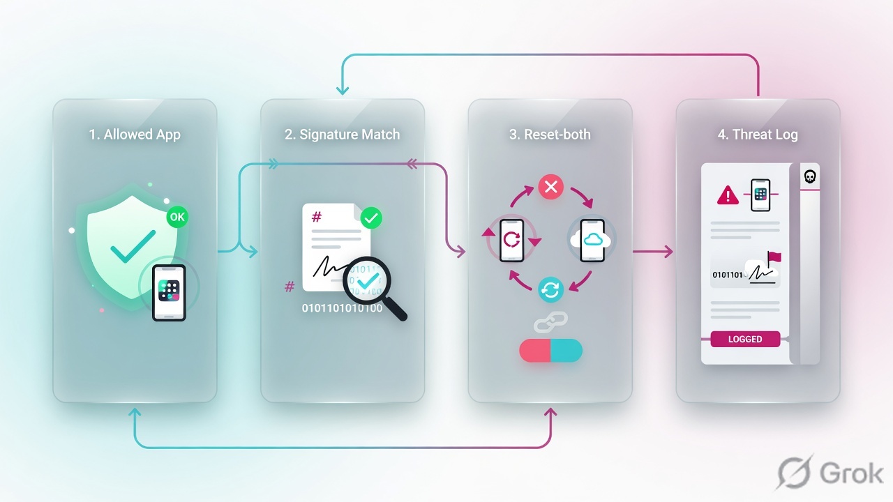 Four panels: allowed app, signature match, reset-both, threat log
