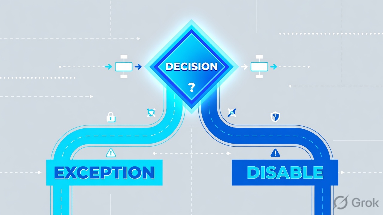 Decision diamond splitting into Exception and Disable