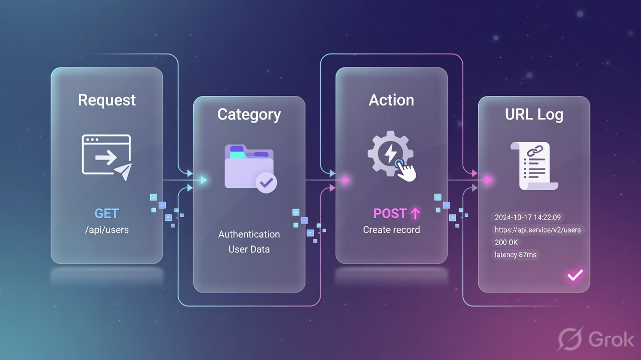 Four panels: request, category, action, URL log