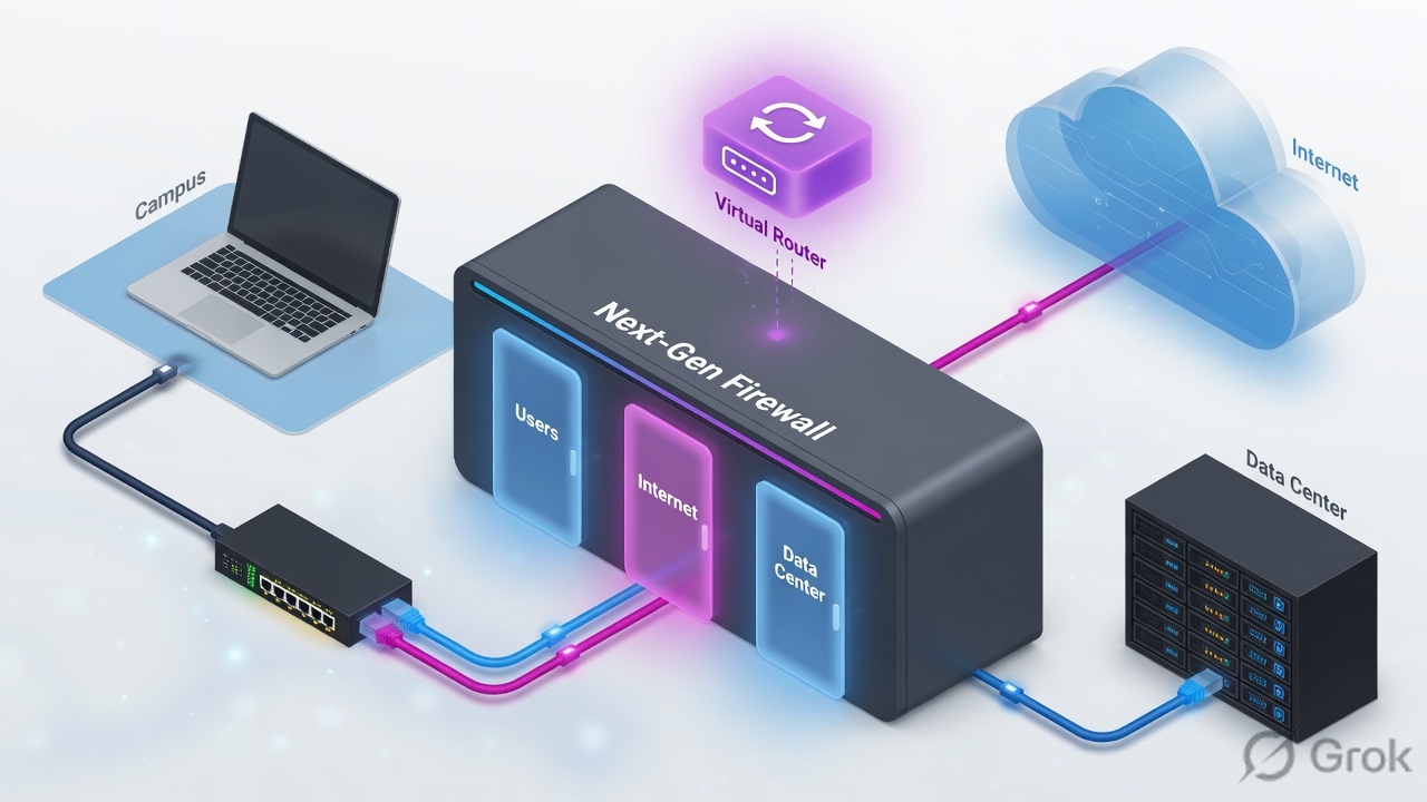 Campus laptop and switch into an NGFW with Users, Internet, and Data Center zone doors and a virtual router above