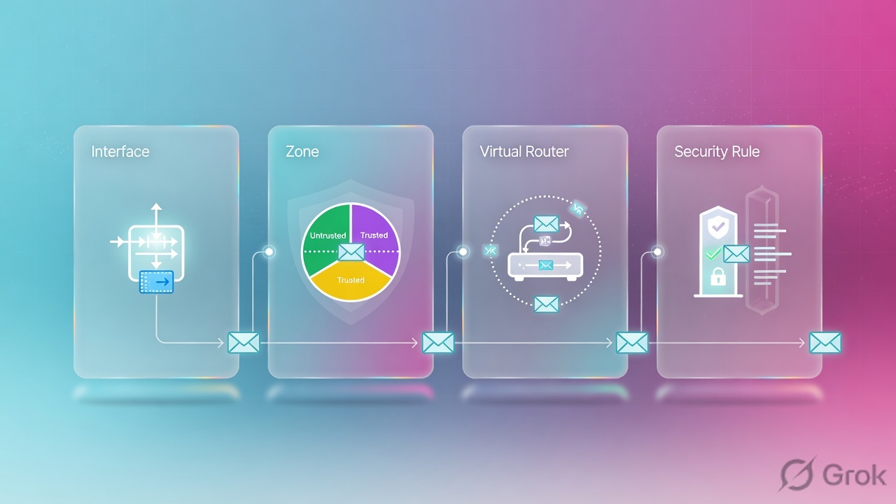 Four glass panels: Interface, Zone, Virtual Router, Security Rule