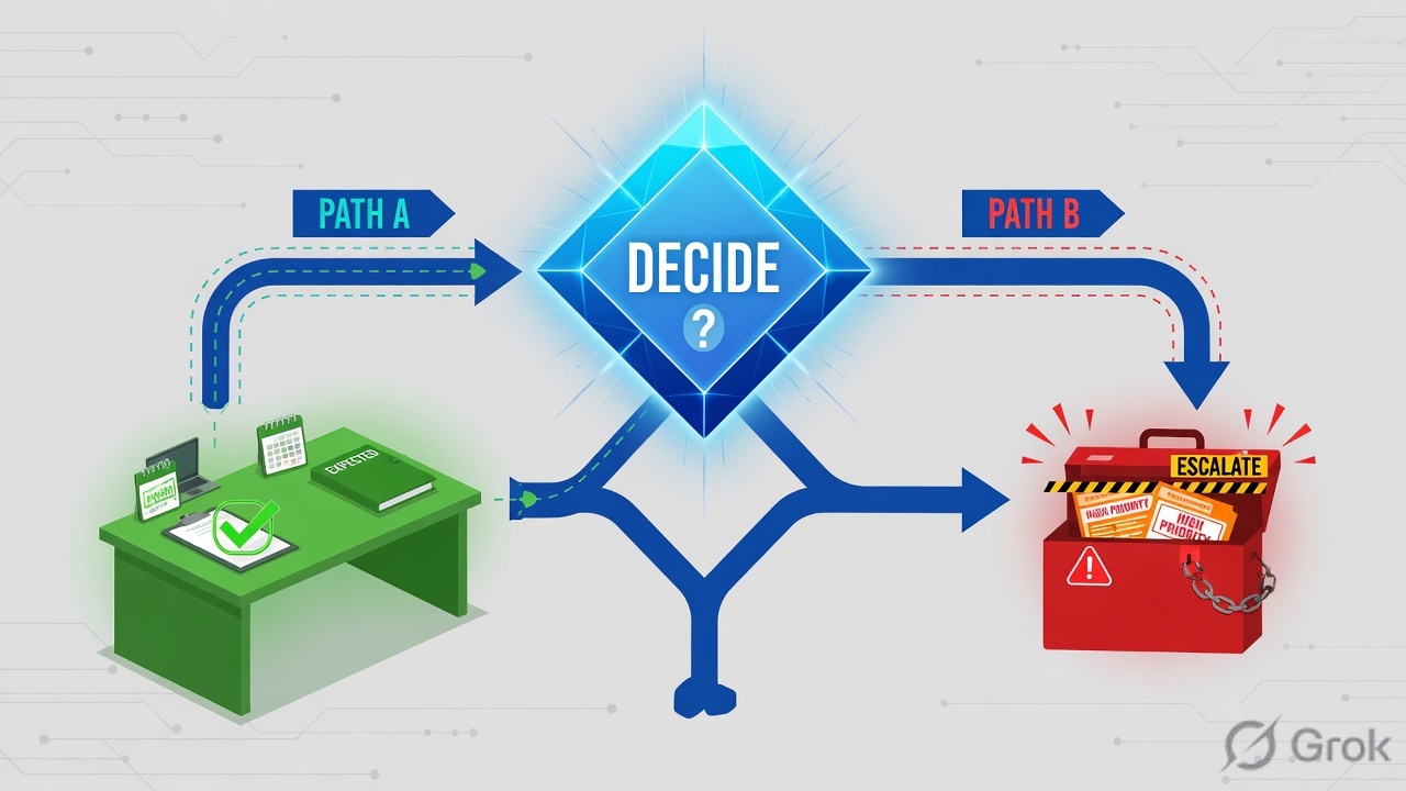 Decision diamond splitting expected-close path from escalate path