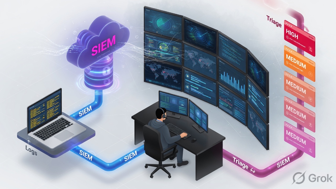 SOC analyst at a queue: endpoints send logs to a SIEM, alerts land on a human triage desk