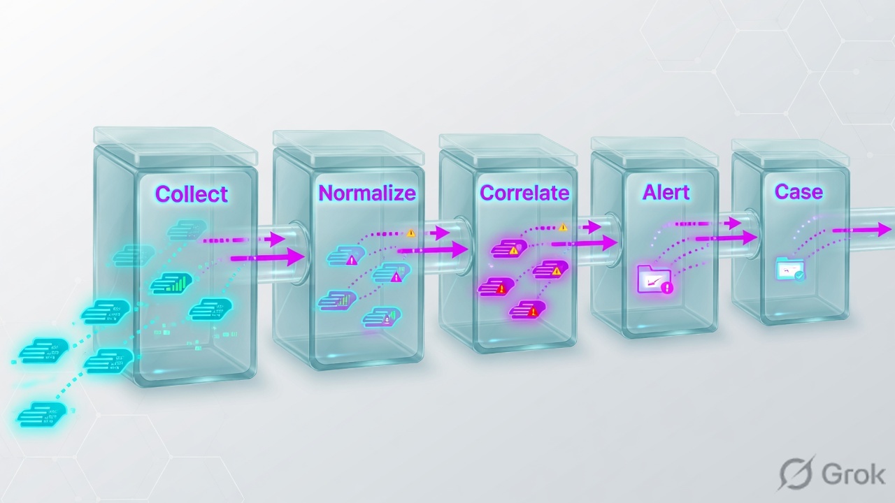 Five SIEM stations: Collect, Normalize, Correlate, Alert, Case