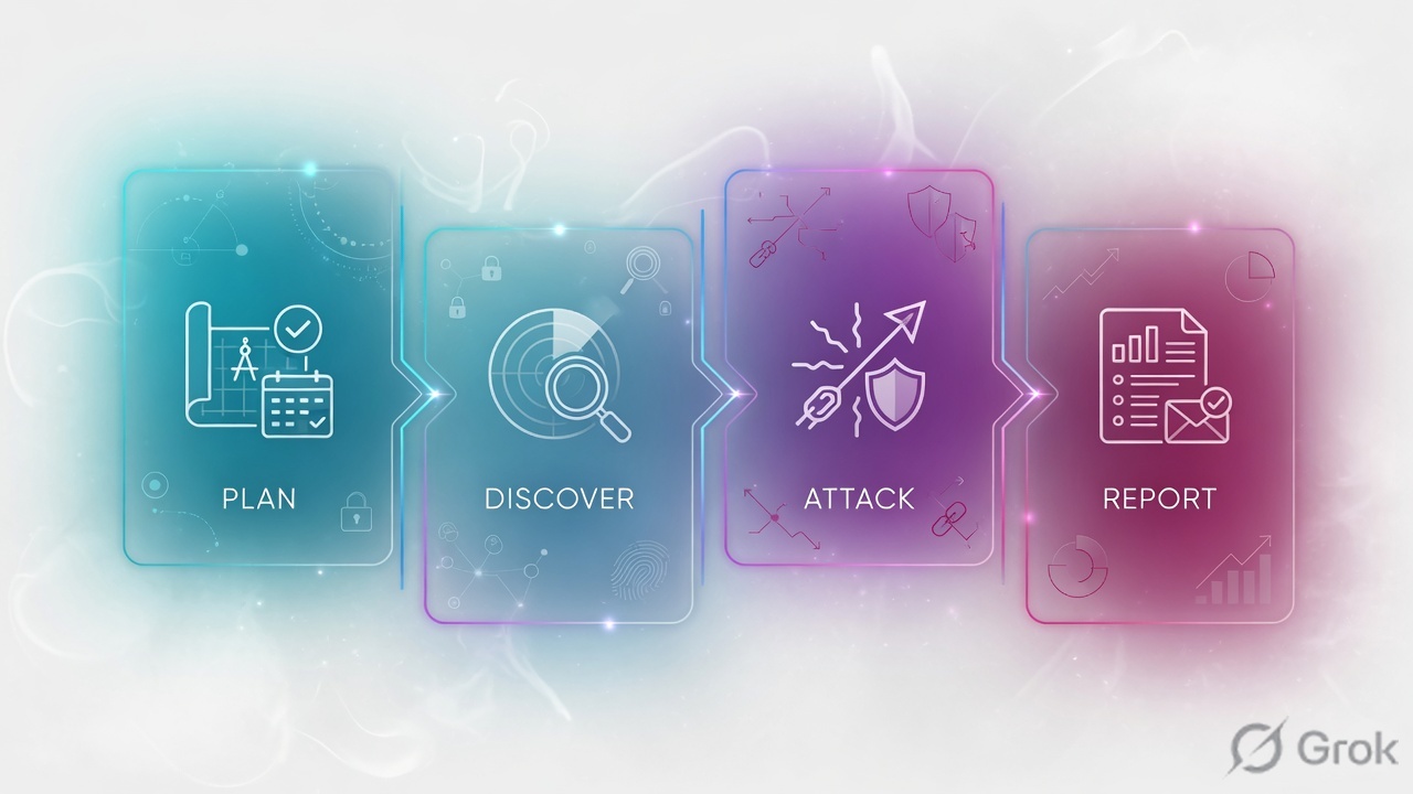 Four glass panels labeled Plan, Discover, Attack, Report