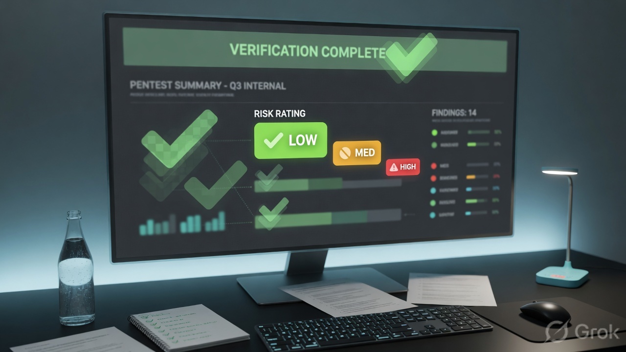 Operations desk with a pentest report layout and abstract severity chips