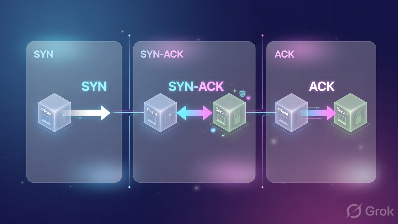 Three glass panels: SYN from client, SYN-ACK both ways, ACK back to server