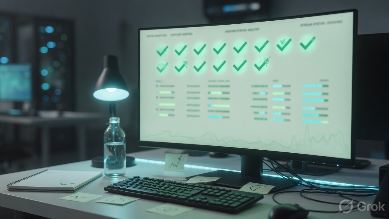 Operations desk with a monitor full of green verification checks after a capture review