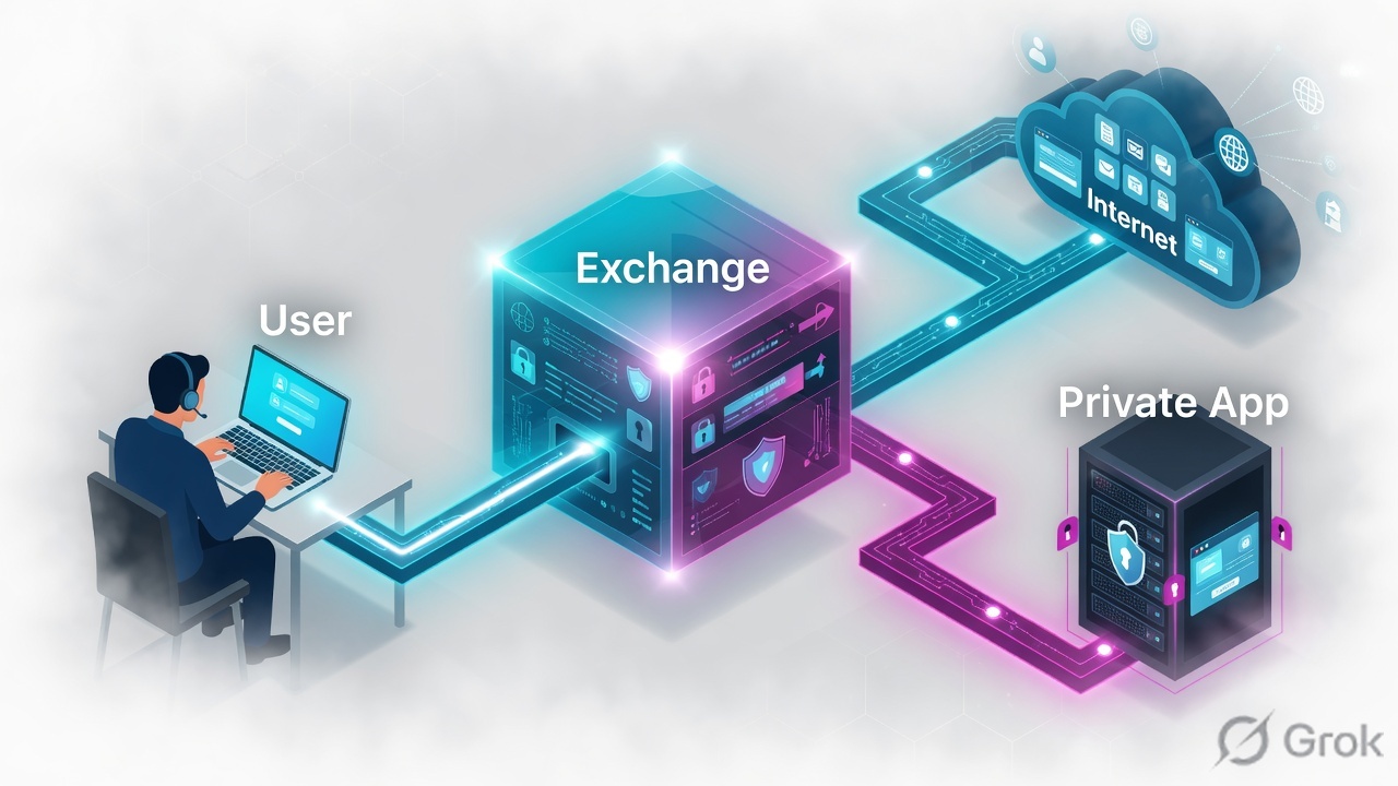 User connects through a security exchange to internet/SaaS or a private app — not to the whole network