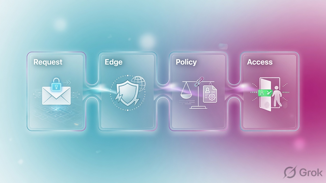 Four-panel journey: Request, Edge, Policy, Access