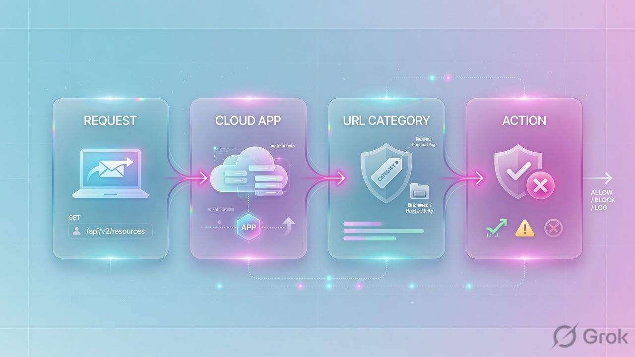 Four-step journey: Request, Cloud App, URL Category, Action