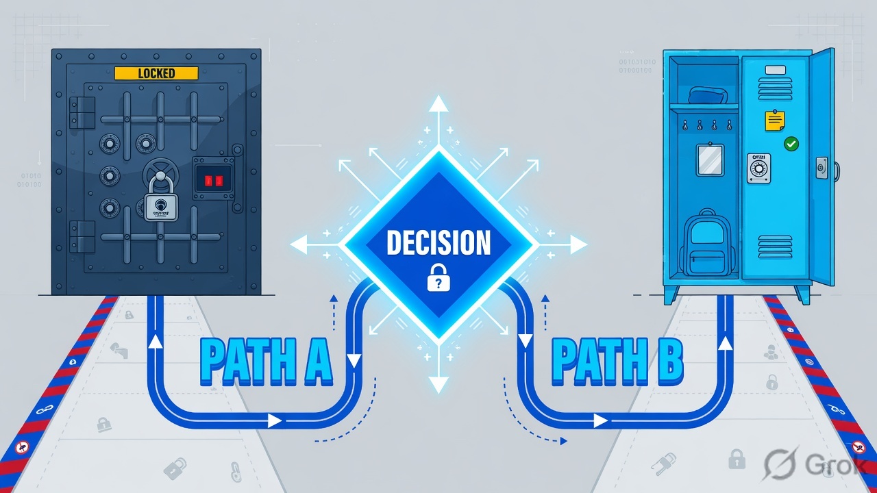 Decision diamond splitting Path A locked vault from Path B open locker