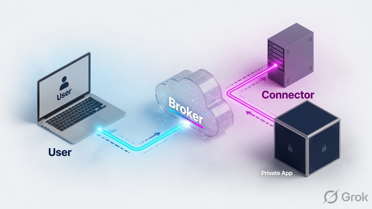 User and App Connector both connect outbound to a broker; the private app has no public door
