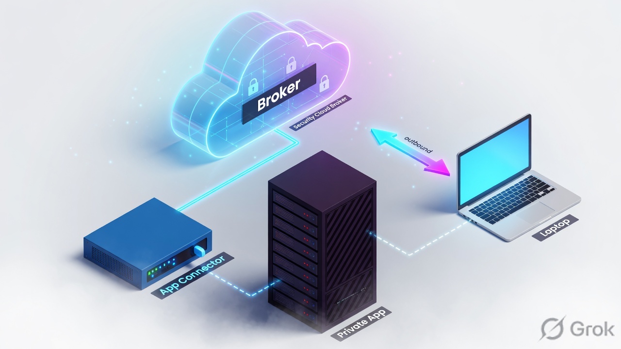 Laptop and App Connector both connect outbound to a broker; the private app has no inbound door