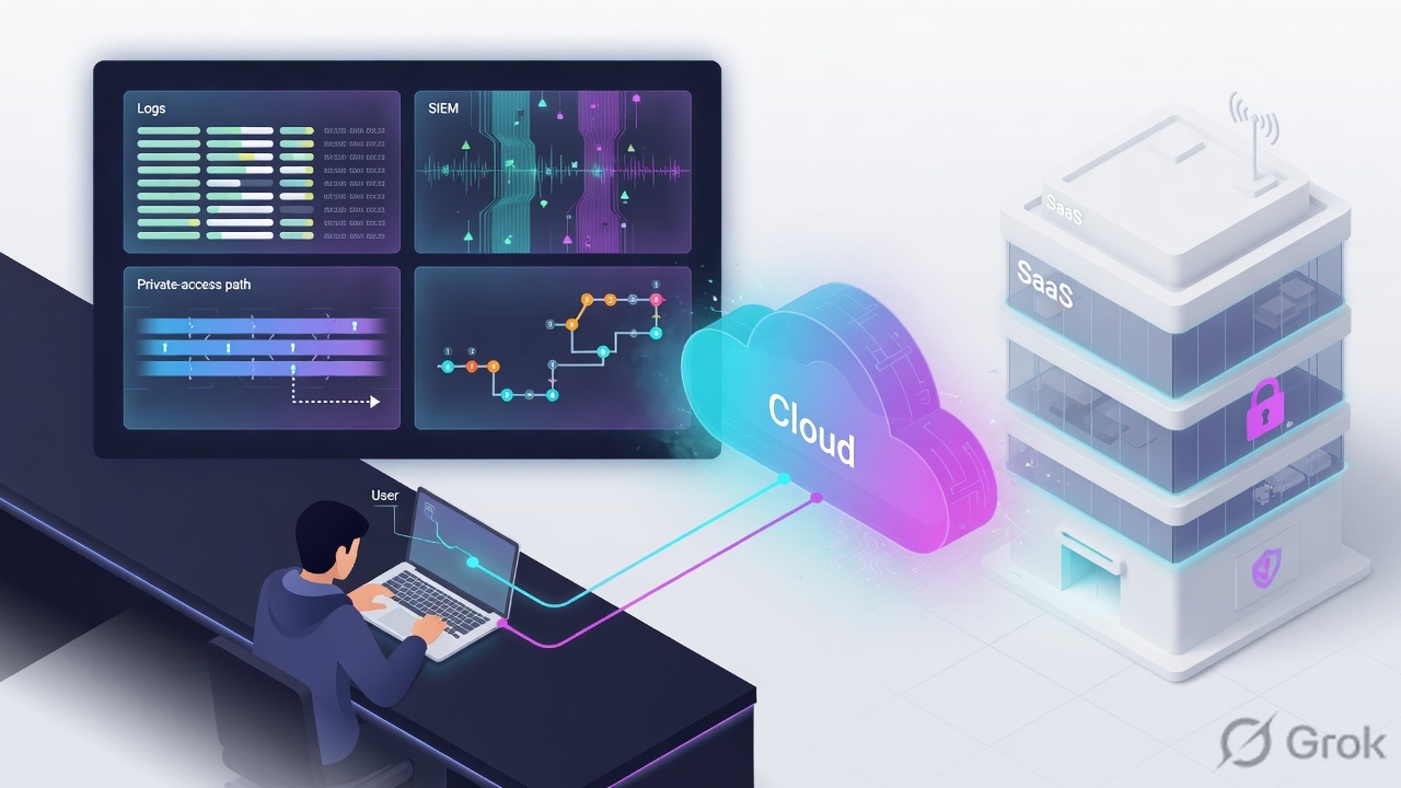 User and laptop connected through a cloud broker to a SaaS building, with four abstract telemetry tiles on a wall monitor