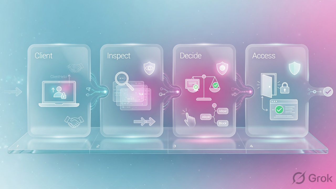 Four glass panels of a TLS session