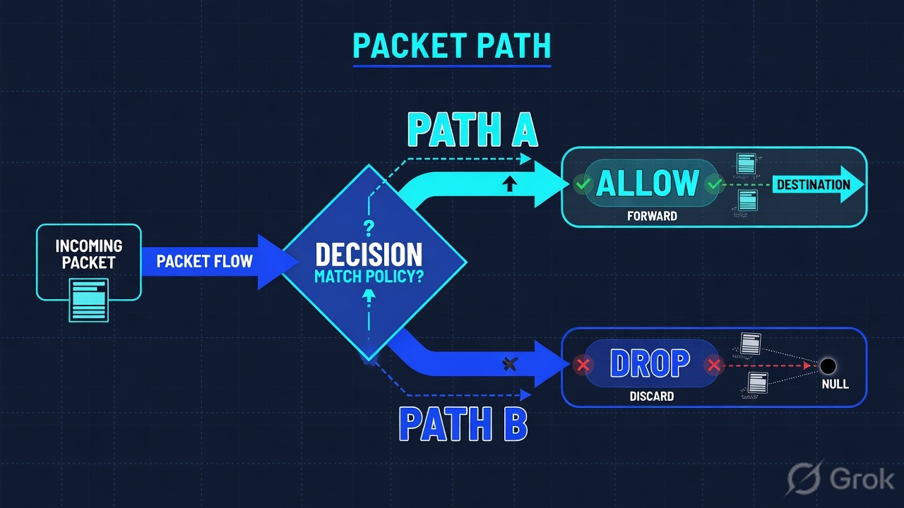 Abstract diamond splitting a packet into allow and drop paths