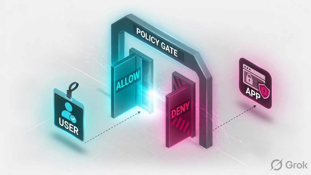 Policy gate with Allow and Deny doors between a user and an app