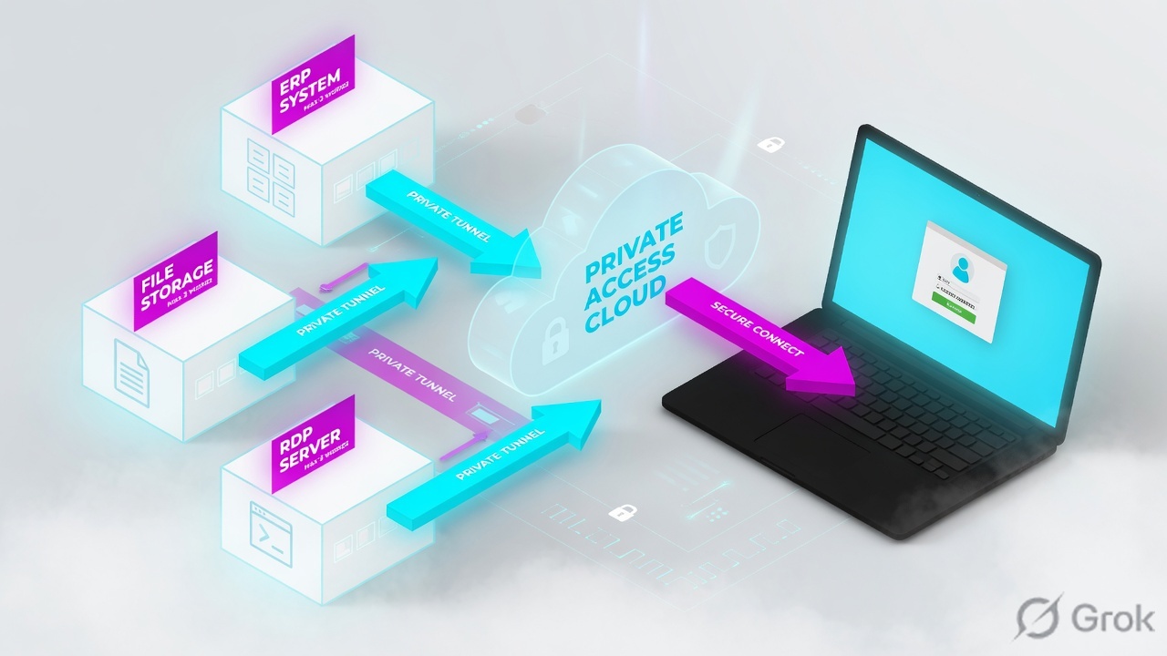 Private apps in boxes reaching a laptop through a broker