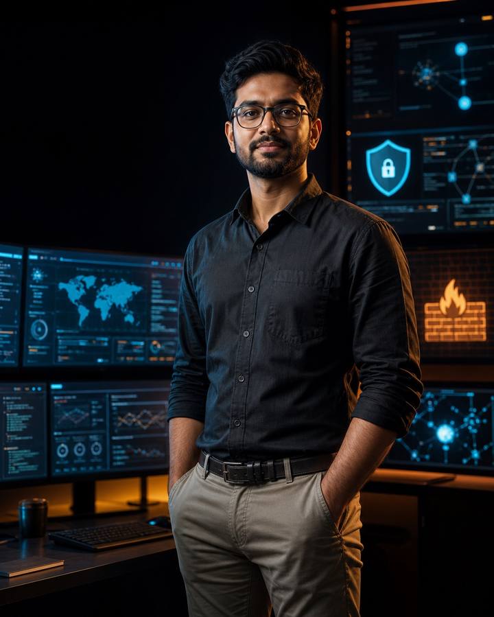 Indian cybersecurity engineer in a modern security operations environment