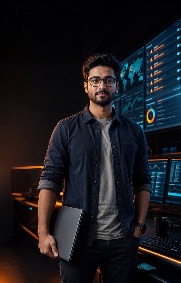 Indian SOC analyst standing in front of security monitoring screens